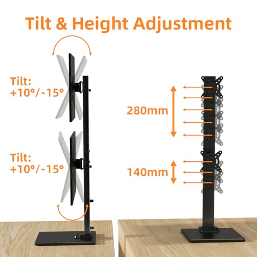 Suptek Dual Monitor Stand with Base for Two 13-36" Screen | Vertical Stack Screen, Free-Standing Monitor Riser, Swivel, Tilt, Height Adjustable - size: 13-36in(dual)
