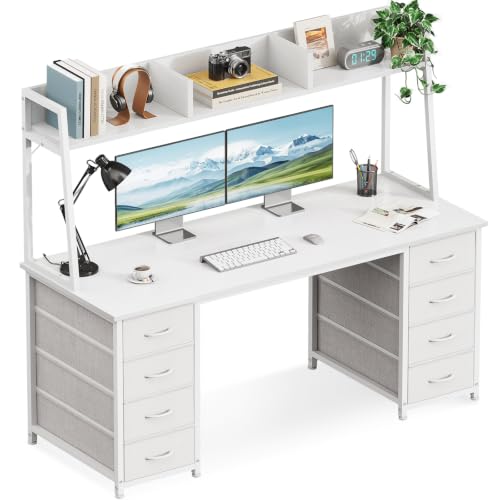 AODK 54 Inch Desk with Hutch and 8 Fabric Drawers, White | Computer study Table with Ample Storage for Dorm, Bedroom, Home Office - size: 54 Inches