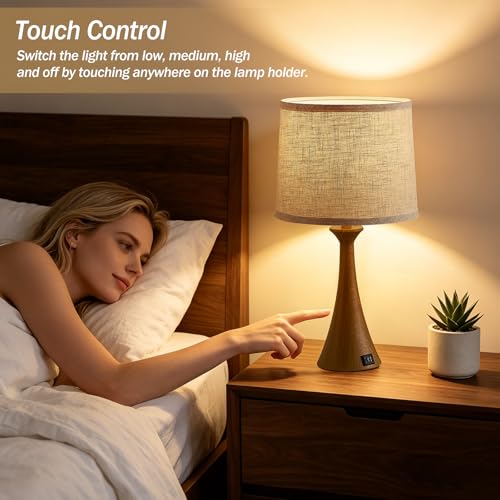 Touch Table Lamps Set of 2, 21" Bedside Lamps with USB C+A | 3 Way Dimmable Nightstand Lamps with Linen Shades, 2 LED Bulbs Included, Touch Lamp for Living Room, Bedroom and End Tables - color: Wood Grain
