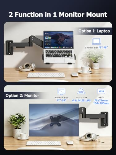 suptek Single Monitor Wall Mount with Laptop Tray for 13 to 18 Inch, Gas Spring Monitor Arm Wall Mount Holds Up to 11KG/24lbs, Full Motion Adjustable,VESA Mount 75x75/100x100mm - style: Laptop Wall Mount