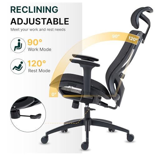 Ergonomic Mesh Office Chair, 3D Adjustable Armrests Desk Chair with 360° Swivel Silent Casters, 90°-120° Reclining Backrest Adjustable Gaming Chair for Home Office - color: Black, style: Americana