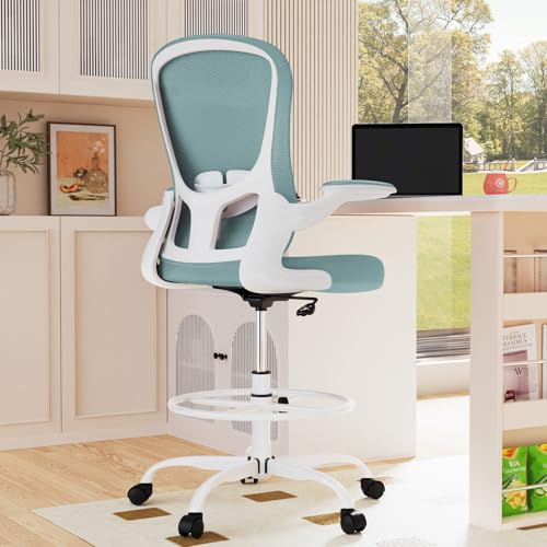 Drafting Chair, Tall Office Chair with Flip-up Armrests Executive Ergonomic Computer Standing Desk Chair, Office Drafting Chair with Lumbar Support and Adjustable Footrest Ring - color: Light Blue&white