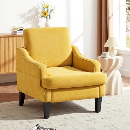 Set of 2 Accent Chair for Living Room,Mid-Century Arm Chair Chenille Fabric Living Room Chairs,Upholstered Reading Chair for Bedroom,Single Sofa Chair with Wood Legs for Apartment (Yellow) - color: Yellow