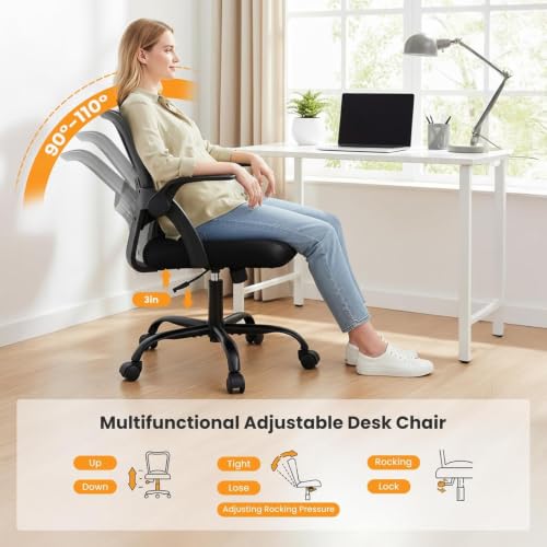 Sweetcrispy Computer Desk Chair, Home Office Chair, Lumbar Support, Black | Flip Up Armrest, Adjustable Height, 360° Swivel Wheels, Ergonomic Mesh Mid-Back, Comfy Arms Bedroom Study - color: Black, size: 18.31"D&Flip-up Arms