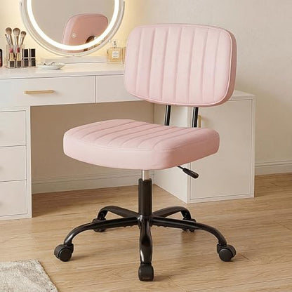 DUMOS Armless Home Office Chair: Small Desk Chair with Low Back Lumbar Support, Height Adjustable PU Leather Computer Task with 360° Swivel Wheels, for Adults, Pink - color: Pink