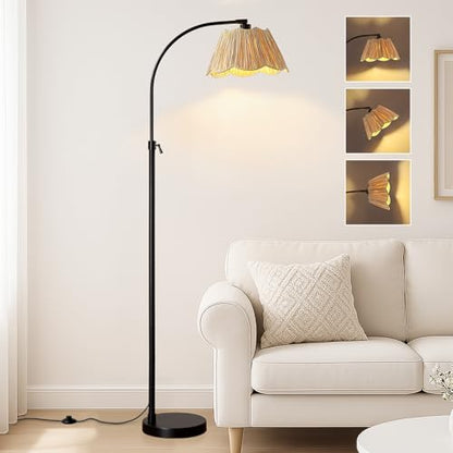 64'' Adjustable Arc Floor Lamp with Woven Pleated Shade, Black - color: Black