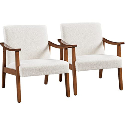 Yaheetech Accent Chairs Set of 2, Mid-Century Boucle Fabric Armchair, Ivory | Cushioned Club Chairs with Supportive Sloped Backrests and Sturdy Wood Arms Fit Small Living Rooms, Offices, Reading Nook - color: Ivory