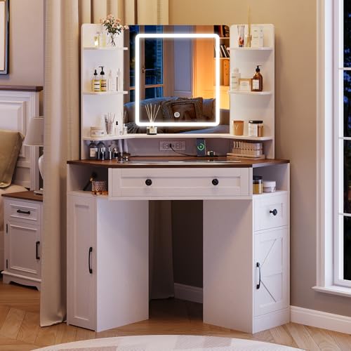 Vabches Corner Vanity with Mirror & Lights, Glass Top Makeup Vanity Desk
