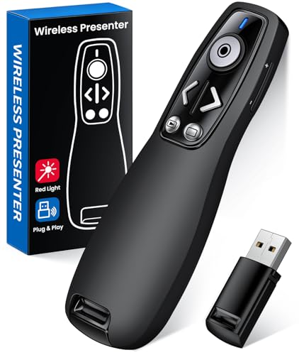 Presentation Clicker Wireless Presenter Remote for PowerPoint, RF 2.4GHz USB Powerpoint Clicker with Hyperlink & Volume Control PowerPoint Slide Advancer for Mac, Computer, Laptop - color: Black-Red Light