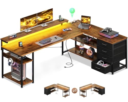 AODK 69 Inch L Shaped Computer Desk with 4 Drawers, LED Lights, Vintage - color: Vintage, size: 69 inches