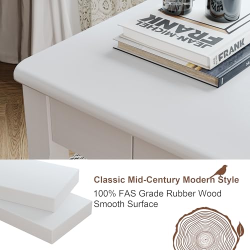 Solid Wood Desk with Drawers - 32 x 16 Inch Simple Narrow Desks, Rubber Wood Study Table, Small Writing Desk for Bedroom|Small Spaces - Modern White Desks - color: White, size: 31.5 in W x 15.7 in D