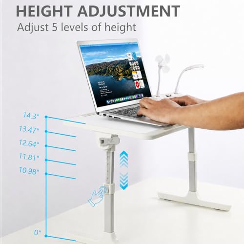 Adjustable Lap Desk with USB Fan & LED Light, Height & Angle Adjustable Laptop Bed Tray Table, Foldable Laptop Stand for Bed, Couch, Sofa & Floor,White