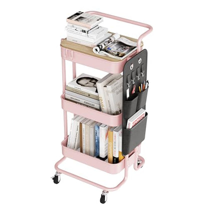 DTK 3-Tier Metal Utility Rolling Cart with Table Top and Side Bags, Art Craft Cart with 4 Hooks for Kitchen, Bathroom, Office, Living Room (Pink) - color: Pink, size: Large
