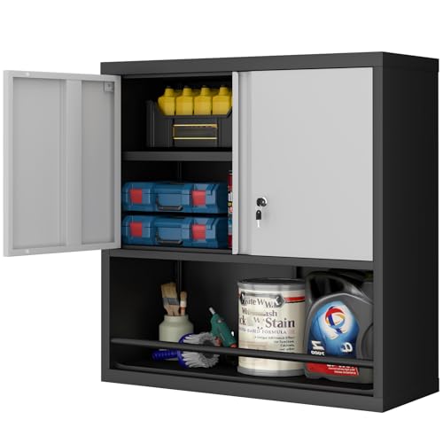 LUCYPAL Metal Wall Cabinet with Adjustable Shelf,Garage Wall Cabinets with Locking Doors and Open Storage,Steel Utility Storage Cabinets for Home Office,Warehouse,Black&Grey - color: Grey, size: 30.7"H Open Storage