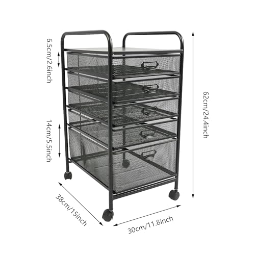 Rolling File Cabinet with 5 Drawers, Filing Cart Under Desk Storage Office Organizer with Table Top & Wheels, Utility Cart File Folder Printer Stand, L11.8×D15×H24.4in, Black - size: 5 Tier