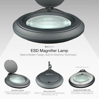 ESD Safe (Glass Lens) Professional LED Magnifying Lamp with Clamp (8 Diopter, 3X) Work Light, 4 Brightness Levels, Daylight Bright, 1200 Lumens, 5600K-6000K, Matte Black, BoliOptics MG16303322