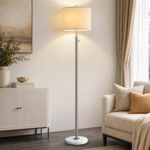 【Upgraded】 Dimmable Floor Lamp for Living Room, 11W LED Bulb Included, Modern Standing Lamp with Marble Base, Tall Pole Light with Linen Shade for Bedroom Reading Office Corner Nursery-Brushed Nickel - color: Brushed Nickel-Marble-Line Shade
