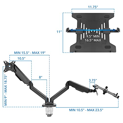 Mount-It! Monitor and Laptop Desk Mount, Height Adjustable Dual Arm Stand with Vented Laptop Tray, Fits Laptops up to 17 Inch and 13–27 Inch Monitors, VESA 75x75 & 100x100, Clamp or Grommet Mount - style: Laptop + Monitor Arm