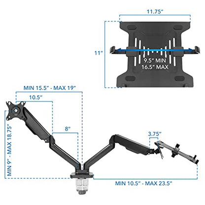 Mount-It! Monitor and Laptop Desk Mount, Height Adjustable Dual Arm Stand with Vented Laptop Tray, Fits Laptops up to 17 Inch and 13–27 Inch Monitors, VESA 75x75 & 100x100, Clamp or Grommet Mount - style: Laptop + Monitor Arm