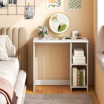 Modern Simple Small Space Home Office Desk 31.5in Engineered Wood Sturdy 290lb Load 2-Tier Storage White - color: White