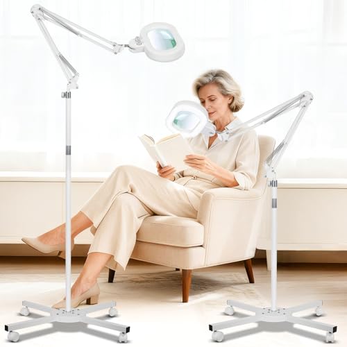 KIRKAS Magnifying Glass with Light and Stand, 12X Real Glass Lens | Infinite Color Dimmable, 2 in 1 Lighted Magnifier Floor lamp for Workbench, Craft, Sewing, 4 Wheel Rolling Stable Base White - color: White