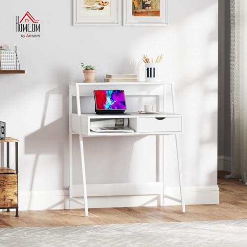 HOMCOM Home Office Desk with A Frame for Small Spaces, White | Computer Desk, Writing Table, with Drawer, Storage Shelves - color: White