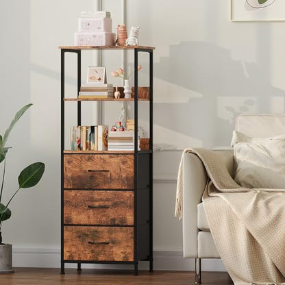 Somdot 5 Tier Bookshelf with 3 Drawers, Narrow Storage Bookcase for Bedroom | Tall Metal Frame Bookcase for Small Spaces, Living Room and Home Office, Brown - color: Brown
