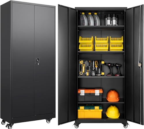 Metal Storage Cabinet with Wheels,75 inch Tall Rolling Garage Storage Cabinet with Lock,Black Metal Cabinets with Wheels and Shelves,Deep Heavy Duty Tool Locker for Garage,Home,Office,Shop - color: Black, size: 75"H x 31.5"W x 16"D
