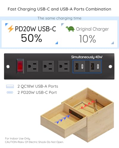 Drawer Outlet Charger Station with Cable Management Arm, Black | USB C PD20W Fast Charger, Under Cabinet Desk Drawer, Power Outlet - color: Black