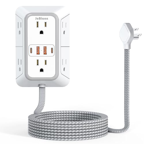 Power Strip Extension Cord - 6 Outlets and 4 USB (2 USB C), 5FT Braided Cord with Ultra Thin Flat Plug, 3 Side Outlet Extender with Overload Protection, Travel, Cruise Ship, Dorm Room Essentials-ETL - color: White wiht 5FT Cord