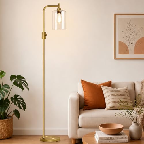 【Upgraded】 Dimmable Floor Lamp for Living Room with Clear Glass Lampshade, Brass Modern Glass Floor Lamp with 900LM LED Bulb Included, Arc Standing Tall Lamp for Bedroom, Office, Reading Room, Corner - color: Clear Glass-Antique Brass