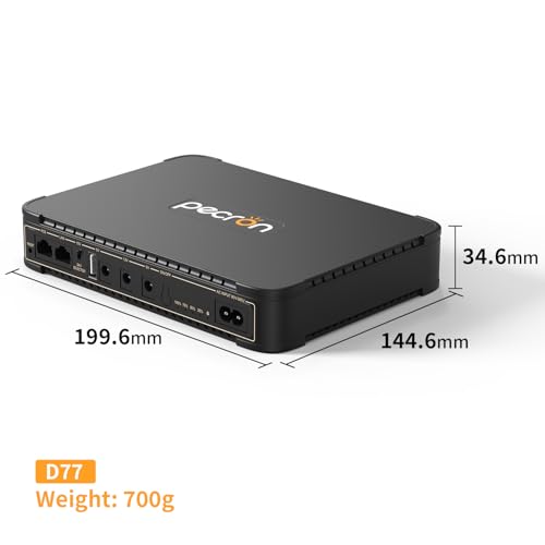 PECRON D77 DC UPS Battery Backup, 76.96Wh Small UPS for WiFi Router/Modem/Security Camera/Phone, Uninterruptible Power Supply with PoE Port, 5V/9V/12V DC5521 Port, 5V USB-A