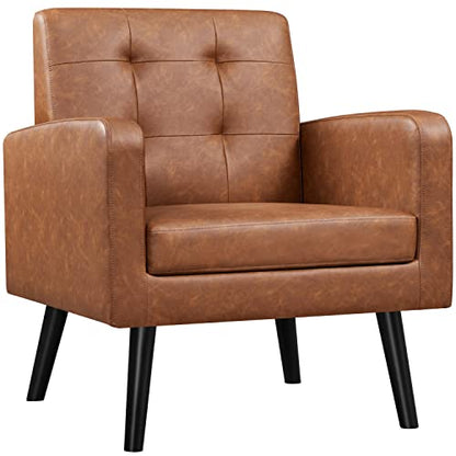 Yaheetech Mid Century Accent Chair Living Room Chair Retro Brown | Faux Leather Upholstered Sillones Para Sala, Modern Reading Nook Chair, Button Tufted Back, Rubberwood Legs, Bedroom Office - color: Retro Brown, size: set of 1