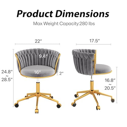 HENGJIANYI Velvet Woven Home Swivel Vanity Desk Chair with Gold Base, Gray | Modern Height Adjustable Office Chair with Metal Base and Hand Weaving Back Wheels for Bedroom Study Small Space girl women - color: Grey
