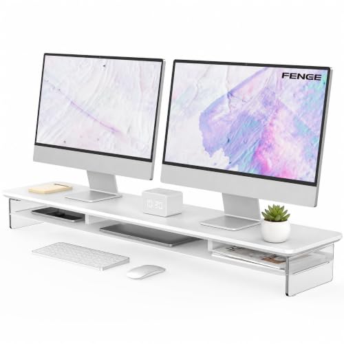 Fenge 42.5" Dual Monitor Stand with Clear Acrylic Legs, White - color: White, size: 42.5in