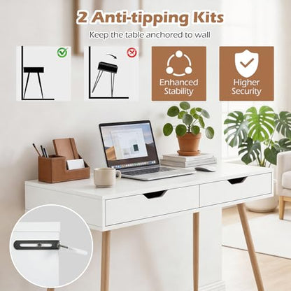 Tangkula White Writing Desk w/2 Storage Drawers, Modern Computer Desk with 4 Rubber Wood Legs, Versatile Small Study Desk for Home Office School, Vanity Table for Bedroom