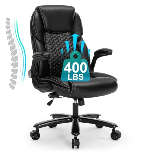 Big and Tall Office Chair PU Leather Flip-up Arms Adjustable Lumbar Support | Executive Office Chair Adjustable Height Swivel Space-Saving Rolling Computer Chair for Home Office BIFMA Certified-400LBS - color: Pu-black