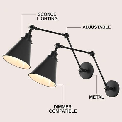 JONATHAN Y Rover 1-Light Wall Sconce 7", Black, Set of 2 | Adjustable Arm, Hardwired Bedside Reading Swing Arm, Farmhouse Cone Shade, Metal Hardwired Indoor Fixture, LED Bulbs Included - color: Black, size: Set of 2