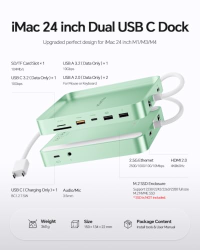 11-in-1 USB C Hub for iMac 24" 2021-2024 with M.2 NVMe 4TB SSD Enclosure | PULWTOP Aluminum iMac Hub with HDMI 4K@60Hz, 2.5G Ethernet, 5 USB A/C 10Gbps, SD/TF, Audio, iMac M4 Dock for M1/M3/M4, Green - color: Green