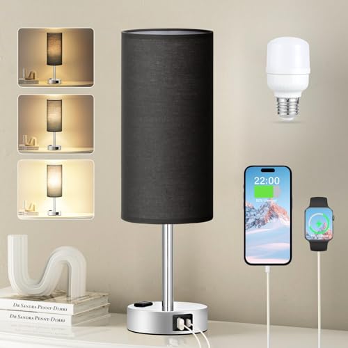 Black Bedroom Table Lamp for Bedside - 3 Way Dimmable Touch Lamp USB C A Charging Ports and AC Outlet, Small Desk Lamp for Nightstand for Living Room with Silver Base, Office Desk, LED Bulb Included - color: Black - Silver, size: 14" Touch Control