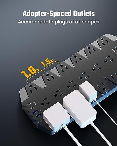 SUPERDANNY 18 AC Power Strip Surge Protector, 15FT, Flat Plug, 1875W/15A - color: Black, size: 15 FT