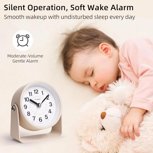 TIMESS Analog Alarm Clock with Snooze & Light, Silent Non-Ticking, Yellow | On-demand light, quartz movement, battery operated, easy to set, gentle wake alarm, bedside clock for home, travel, or office - color: Yellow