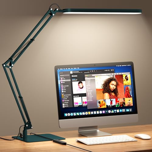 SKYLEO LED Desk Lamp with Slim Base - Adjustable Swing Arm Desk Light, Dimmable, Timer, Eye Protection, Memory Function, 1300LM, 12W, Green - style: Green swing arm with Base