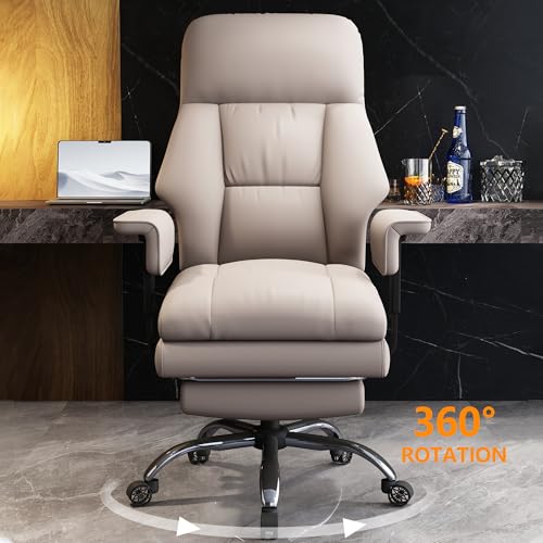 Office Chair with Leg Rest, Leather High Back Executive Office Chair with Wheels, Ergonomic Desk Chairs with Lumbar Support for Home Office, Beige - color: Light Beige
