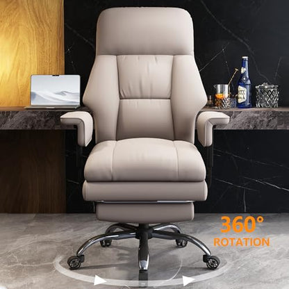 Office Chair with Leg Rest, Leather High Back Executive Office Chair with Wheels, Ergonomic Desk Chairs with Lumbar Support for Home Office, Beige - color: Light Beige