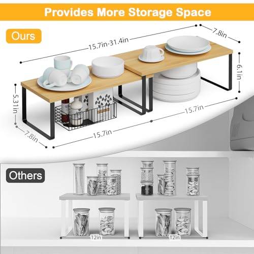OGEMXU Cabinet Shelf Organizers, 15.7 inches Large Kitchen Counter Shelf, Set of 4 Wood Kitchen Pantry Organizer, Storage Shelves for Countertop, Spice Rack, Stackable, Expandable, Metal Black, Nature - color: Black and Natural Beige, size: 4pcs 7.8" D x