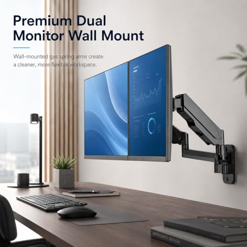 Mount-It! Dual Monitor Wall Mount Bracket - Double Computer Monitor Wall Mount With Two Height Adjustable Full Motion Arms Tilt up to 17" - 32" Inch Screens with 75, 100 VESA Patterns, 19.8 Lb Per Arm