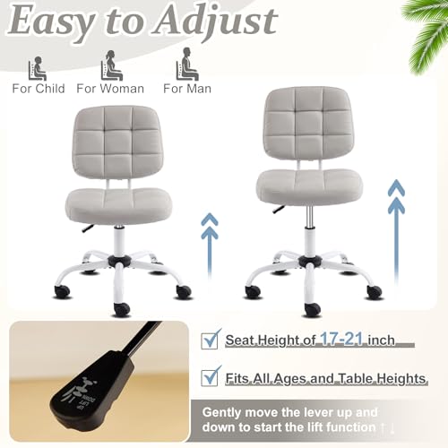 VINGLI Compact Small Desk Chair, Cute Armless Chair with Wheels, Vanity Chair with Low Back, Height Adjustable Task Chair for Small Spaces, Office, Bedroom, Make Up Room, PU Leather, Light Grey - color: Light Grey