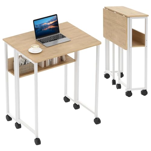 Folding Desk Small Rolling Desk with Storage Shelf,24.8 Inch Foldable Computer Table with Wheels,Portable Office Desk for Small Space Sofa Table,Easy to Fold,Writing Work Office Computer Desk,Oak - color: 24.8" Oak