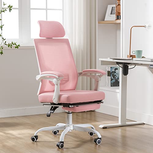 Qulomvs Mesh Ergonomic Office Chair with Footrest Home Office Desk Chair with Headrest and Backrest Adjustable Computer Executive Desk Chair with Wheels 360 Swivel Task Chair - color: Pink With Footrest 2